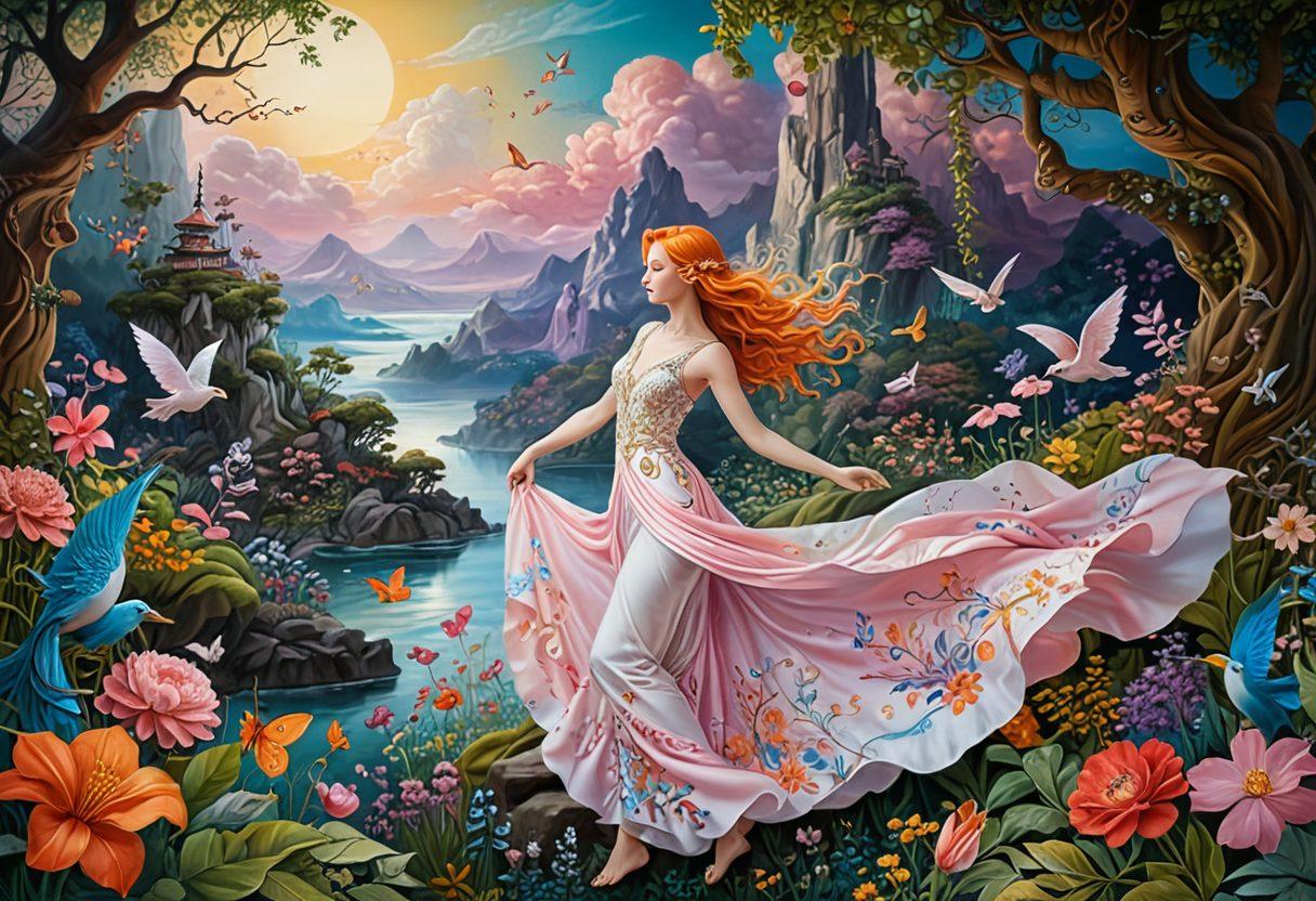 A whimsical scene depicting a vibrant fantasy world, featuring ethereal creatures and dreamy landscapes that symbolize adult desires, with flowing colors and playful motifs. Integrate elements of sensuality, such as soft silk fabric and playful poses without explicitness, hinting at exploration and imagination. The background should be lush and enchanting, with whimsical details that draw the viewer in. surreal art. vibrant colors. highly detailed.